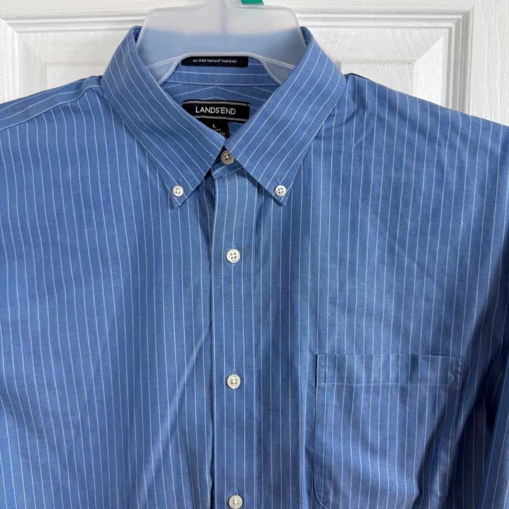 Lands End Shirt L Blue Pinstripe Traditional Fit Supima No Iron Business Casual